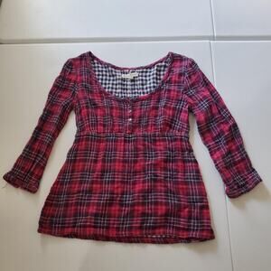 Y2K Aeropostale Shirt Babydoll Womens XS Red Plaid Henley Tunic Long Sleeve